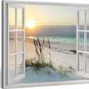 Sea Whisper Beach Window Canvas Wall art: tropical Sunrise Seascape Picture Coastal Ocean Painting Open Window Artwork Print for Bathroom Decor(12x16)