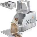 Stainless Steel Cat Litter Box with Lid, 180° Flip Top XL Enclosed Litter Box with Cat Pedal Step Stool & Scoop, Front Top Dual Entry Steel Extra Large Cats Litter Pan, Light Grey