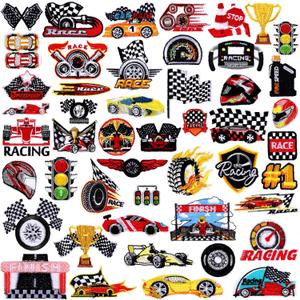 Tigeen 48 Pcs Racing Iron on Patches Checkered Racing Flag Patches for Clothes Jackets Jeans Dress Hats Backpacks Bags Accessory