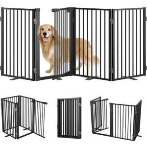 Full Metal Free Standing Dog Gate with Door for Indoor & Outdoor,80'' Extra Wide 32'' Tall Dog Gate for The Doorways,Large Openings,Decks,Porch,Pet Freestanding Safety Fence(4 Panels,Black)