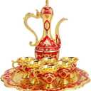 Vintage Turkish Coffee Set, Small Teapot Set Russian Metal Pot Kit Contain Tray Teapot Flask and 6 Cups Retro Jug and Mini Goblets for Wedding Ornaments Gift Tea Party(Red)