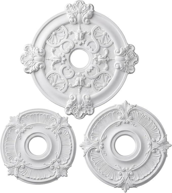 Gerrii 3 Pack Ceiling Medallions for Light Fixtures, Decorative Ceiling Rosettes in 3 Sizes, 13", 16.5" & 18" Od, Durable White Polyurethane, Lightweight & Easy Installation
