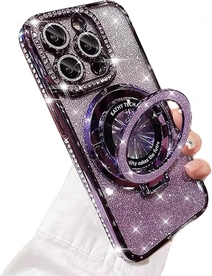 Magnetic Case for iPhone 14 Pro Max with Ring Holder, Luxury Glitter Rhinestone Bling Case [Compatible with Magsafe] Shockproof Kickstand Camera Lens Protector for iPhone 16 Pro (Purple)