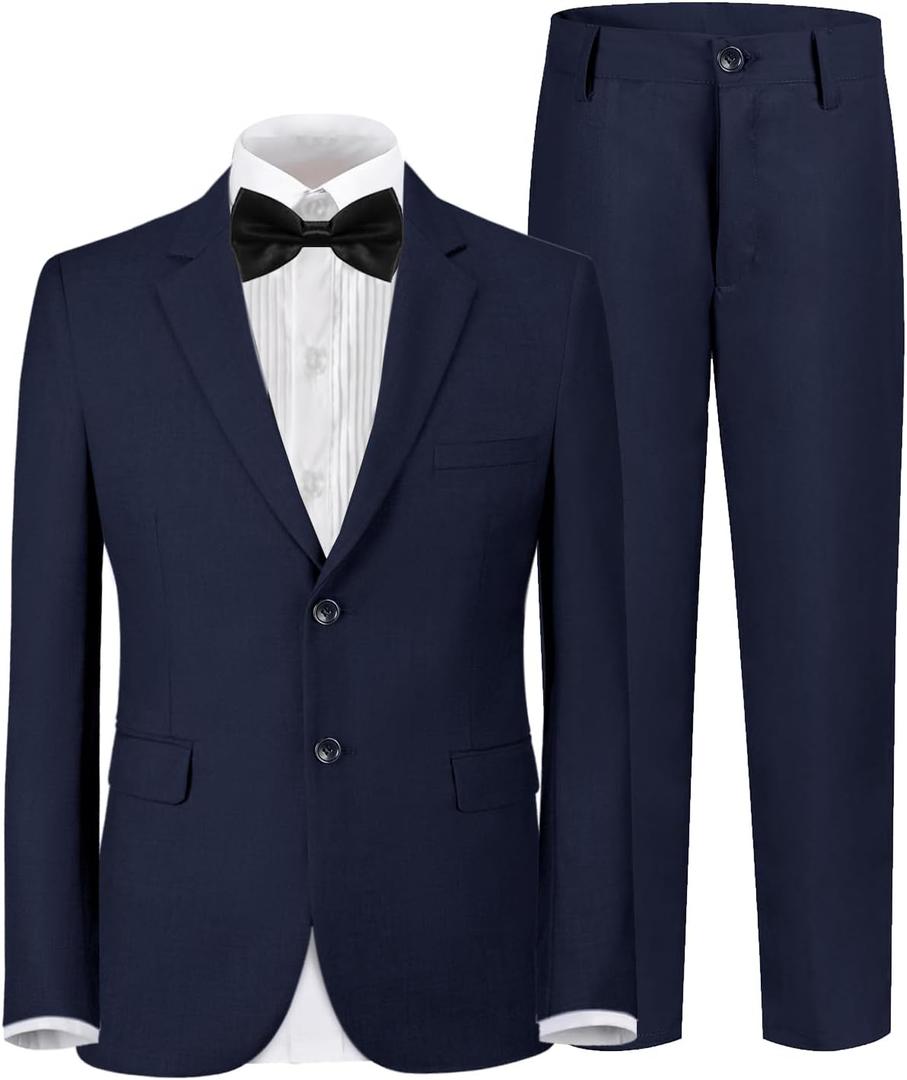 Boys Formal Suit 4 Pieces Set Ring Bearer Outfit Wedding Party Gentleman Tuxedo Dress Up Costume (12, Navy Blue(bowtie))