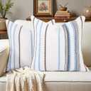 Lunofox Boho Throw Pillow Covers 18x18 Set of 2, Soft Chenille Striped Decorative Cushion Covers for Couch Sofa Bedroom Living Room, Neutral Blue Brown White