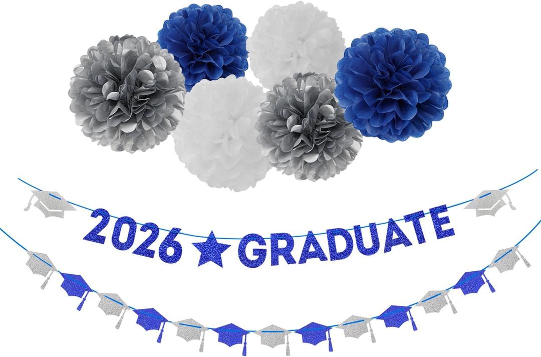 Navy-Blue White-Silver Party-Decoration Graduation Banner - 8pcs Kits Cap Garland Streamers, Paper Tissue Pom Poms Flowers, 2026 Craduate Banner Congratulations Grad Decor Lasting Surprise