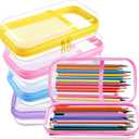 Sanwuta 4 Pcs Clear Hard Sided Zipper Pencil Case Pouches Bulk Plastic Hard Shell Pencil Case Box Organizer with Mesh Pocket Toiletry Pouch Makeup Bag, Back to School Supplies(Macaron)