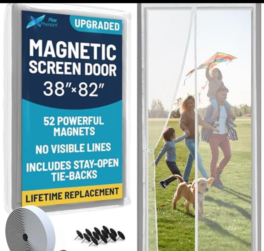 Flux Phenom Magnetic Screen Door Mesh 38x82 Inch – Easy Install, Strong Magnet Strength, Self-Sealing Mesh, Pet Tested, Hands-Free Entry, Door Screen Magnetic Closure, Keeps Bugs Out - White