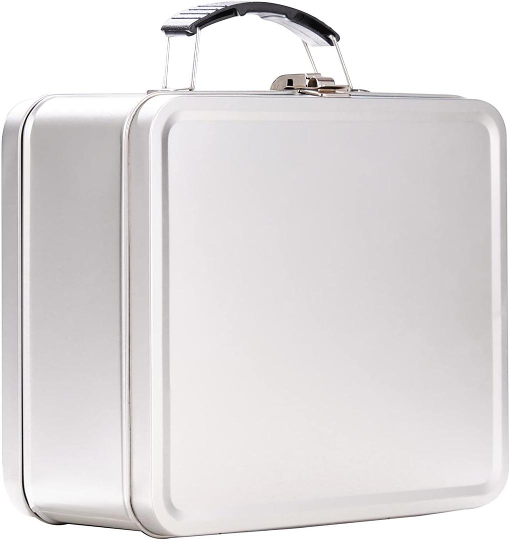 Shirin Packaging Metal Lunch Box 7.9" L x 7" W x 3.7" H Metal lunch box Metal Retro Lunch Box Vintage Lunch Pale Mini Lunch Box Tin Funny Metal Lunch Box - Silver Gray