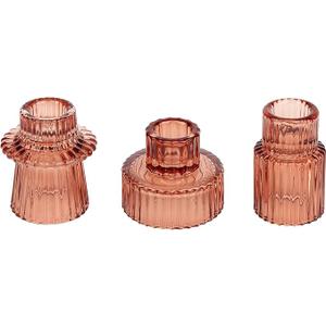 Glasseam Glass Tapered Candlestick Holders: 9 Pcs Ribbed Pink Candle Sticks Holder Decor Modern Fluted Taper Candle Holders Set for Table Centerpiece Pink Wedding Decor Valentine Dinner Parties