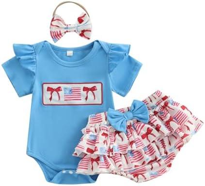 AHUGHAUE Newborn 4th of July Outfit Baby Girl American Flag Bow Print Short Sleeve Romper Tutu Skirt with Headband Summer Set, 6-12 M