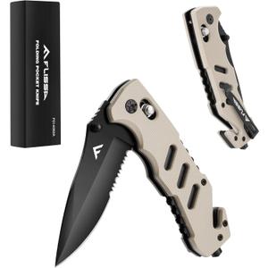 FLISSA Folding Pocket Knife with Clip, Glass Breaker and Seatbelt Cutter, Survival Knife for Emergency Rescue Situations, EDC Knife for Tactical, Hunting, Camping, Outdoor, Unique Gifts for Dad, Father (Desert Tan)