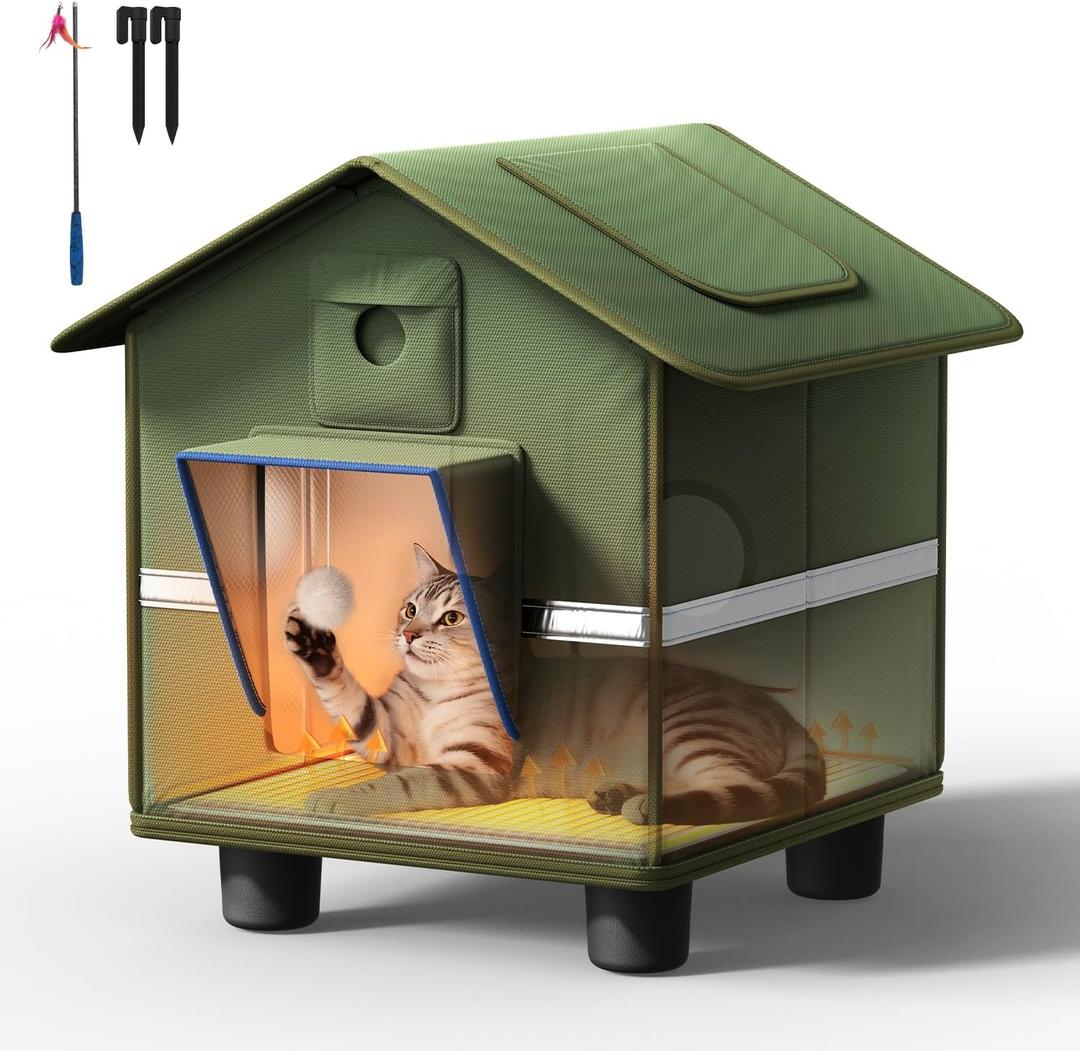 Heated Cat House for Outside - Weatherproof Insulated Feral Cat Shelter with Heated Pad, Roof Window & Elevated Base, Warm Outdoor Hideaway for Stray Cats Up to 12 lbs, Ideal for Garage Porch Yard