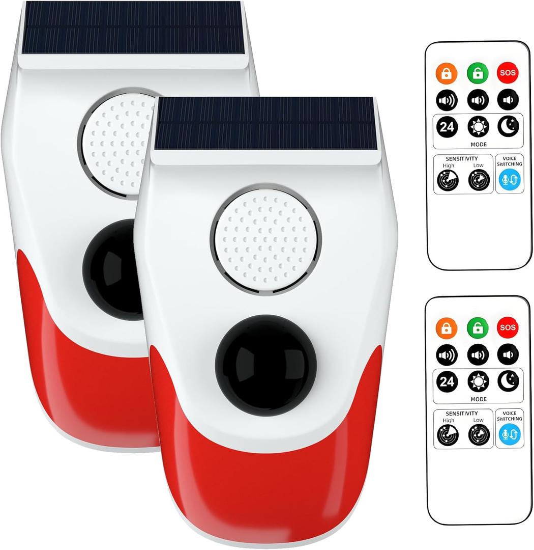 ChunHee Solar Outdoor Motion Sensor Alarm,Motion Activated Alarm,Adjustable Sensitivity & Volume Loud Siren Security,with Remote Control for Home,Yard,Farm,Chicken coop,Barn (2 Pack)