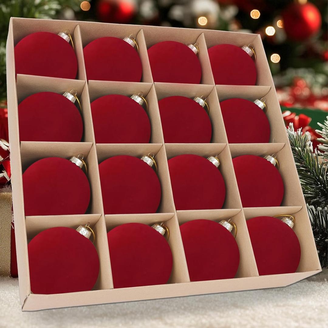 16 Pcs Velvet Christmas Tree Ornament Set - 3.15-Inch Flocked Shatterproof Christmas Balls, Bulk Hanging Xmas Baubles for Holiday Parties, Weddings & Home DecorationBurgundy Red