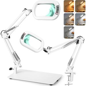 Veemagni 10X Rectangle Magnifying Glass with Light and Stand, 5 Color Modes Stepless Dimmable, 2-in-1 LED Lighted Desk Lamp & Clamp, Hands Free Magnifier for Reading Crafts Painting Close Work - White