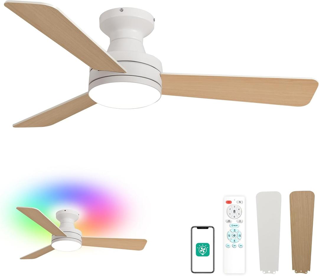 Orison 42-Inch Ceiling Fans with Lights, Low Profile, Flush Mount, Features RGB Backlight, Dimmable Lighting, 6 Speeds, 3 Reversible Blades, Remote and App Control, White