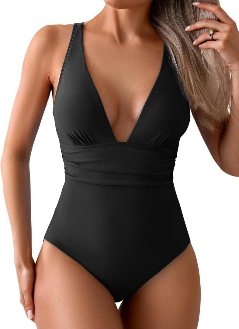 Eomenie Women's One Piece Swimsuit Tummy Control Bathing Suit V Neck Slimming 1 Piece Swimwear (XX-Large, Black)