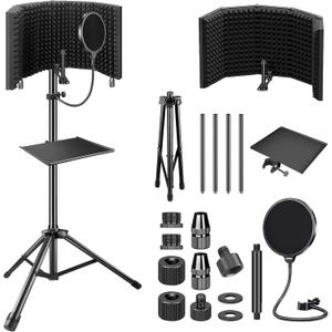 Aokeo Studio Recording Microphone Isolation Shield with Pop Filter & Tripod Stand, High Density Absorbent Foam to Filter Vocal, Foldable Sound Shield for Blue Yeti and Condenser Microphones (black)
