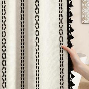 Linen Boho Shower Curtain Off White Fabric with Black Embroidery Woven and Tassel, 72" L X 48" W