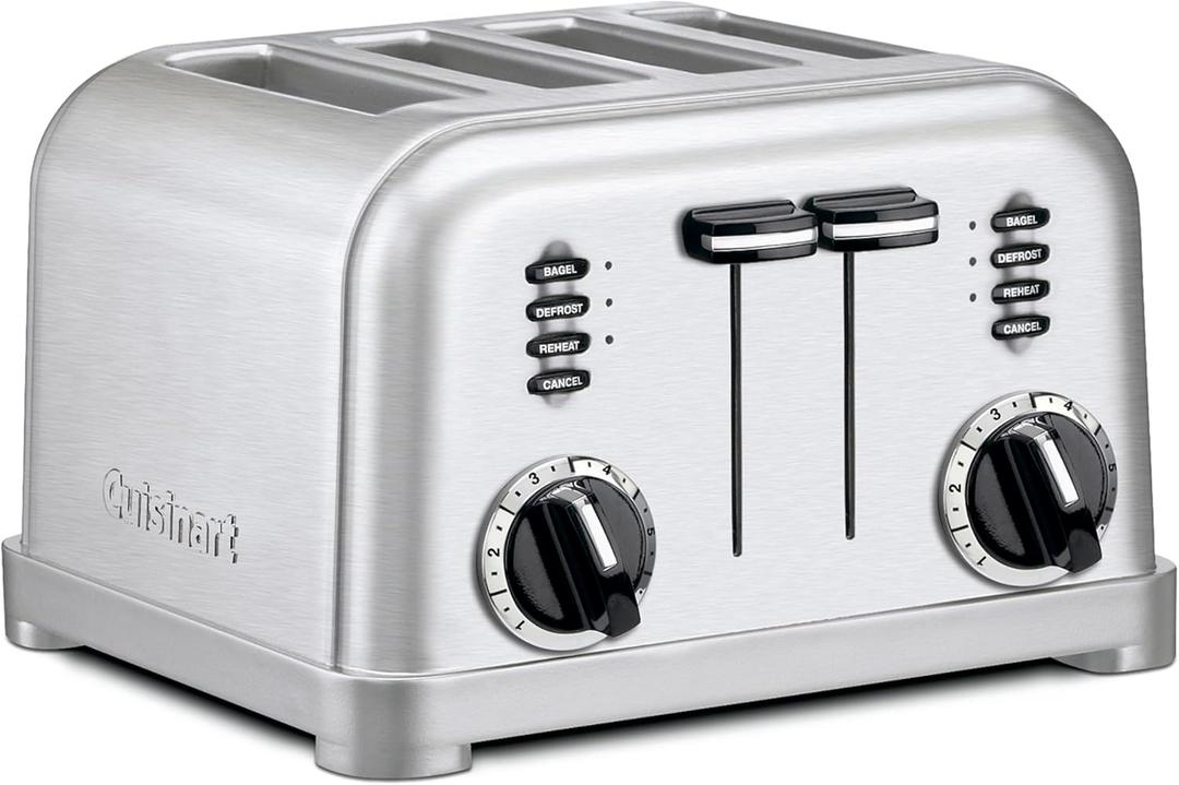 Cuisinart 4 Slice Compact Stainless Steel Toaster with Extra-Wide Slots for Bread, French Toast, Bagels & Pastries, Defrost & Reheat Functions, CPT-180P1, Brushed Stainless, Removable Crumb Tray