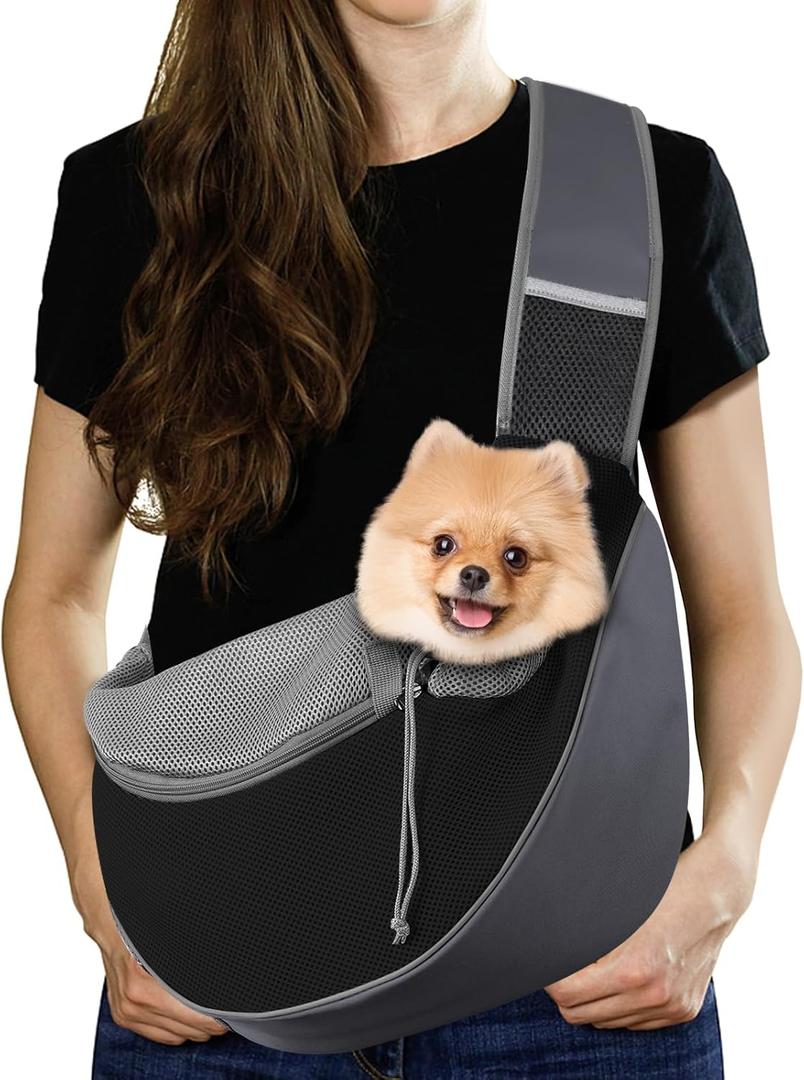Pawaboo Pet Dog Sling Carrier, Hand Free Drawstring Dog Papoose with Adjustable Strap, Breathable Mesh Bag for Puppy Cat, Crossbody Satchel Dogs Purse with Pocket for Outdoor, Dark Gray+Black, Large