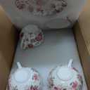 Tea Cup and Saucers, 6.4oz Floral Tea Cups with Gold Trim, Porcelain Teacup, Coffee Cappuccino Espresso Latte Mugs for Party Birthday, Party Cafe Home, Christmas Gift (White)