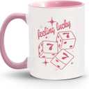 Trendy Feeling Lucky Coffee Mug, Preppy Pink Dice Ceramic Coffee Mugs, Cute Inspirational Coffee and Tea Cup for Women Girls, 11oz Ceramic Cup Pink