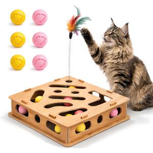 Interactive Cat Scratch Puzzle Enrichment Box with Nail File Pad, 6 Play Balls and Teaser Wand Toy, Easy Assembly Claw Care Solution That Helps Reduce Grooming Stress