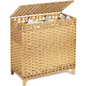 Laundry Hamper with 3 Removable Liner Bags; 132L Handwoven Rattan Laundry Basket with Lid & Heightened Feet; Clothes Hamper with Side Handles; Laundry Sorter with 3 Separate Sections