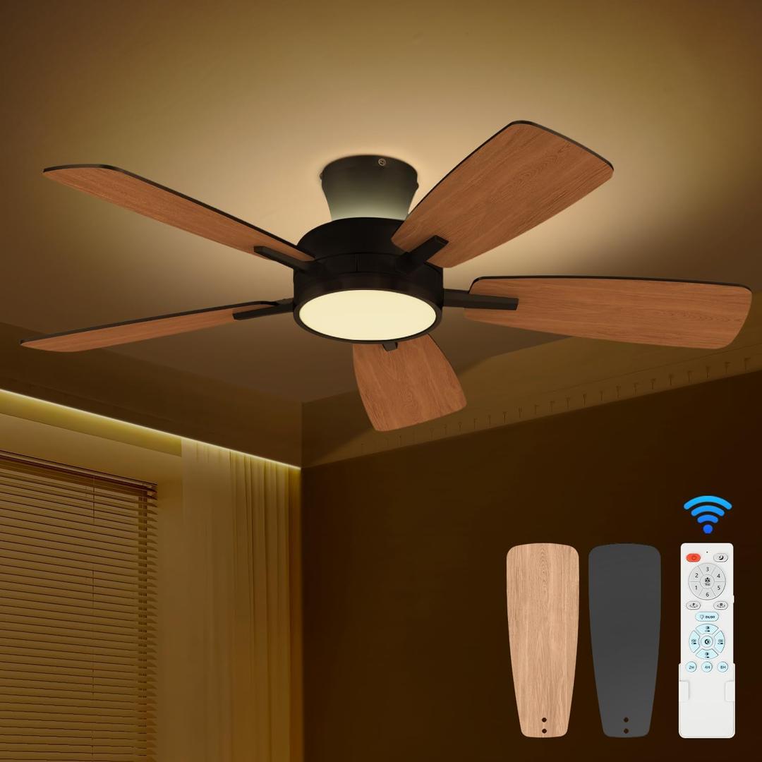 TALOYA Ceiling Fans with Lights and Remote, 46 Inch Low Profile Ceiling Fan with Light, Flush Mount, Reversible, 3CCT, Dimmable Black Modern Ceiling Fan for Bedroom, Living Room, Outdoor Patio