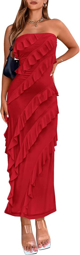 BTFBM Women Summer Elegant Strapless Midi Ruched Bodycon Dress Solid Color Stretch Mesh Slim Party Cocktail Dresses (Small)