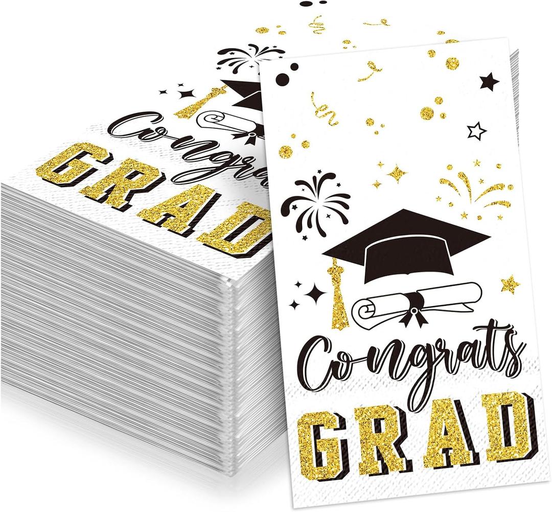 Supervitae 100pcs 2026 Graduation Paper Napkins Congrats Grad Disposable Cocktail Napkins for High School University College Graduation Party Lunch Dinner Decoration Supplies (Black,Gold,White)