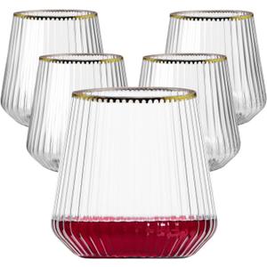 Lueumxc 40 Pack Plastic Ribbed Wine Glasses, 14Oz Origami Disposable Wine Glasses Unbreakable Clear Plastic Cocktail Glasses Recyclable Shatterproof Reusable Wine Cups (14oz-Gold Rim 40pack)