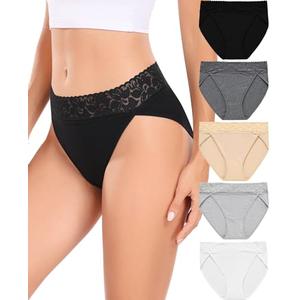 RHYFF Womens Underwear Cotton Bikini Panties High Cut Lace Panty Stretch Soft Hipster Underpants Ladies Briefs M-BlackWhite