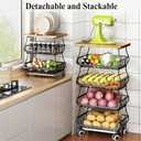 SAYZH Fruit Basket Kitchen Pantry Organizers and Storage - Wooden Top Table, Stackable Metal Wire Basket Stand Cart for Fruit Vegetable Snacks Onion Potato Organization (Black, 5 Tiers)
