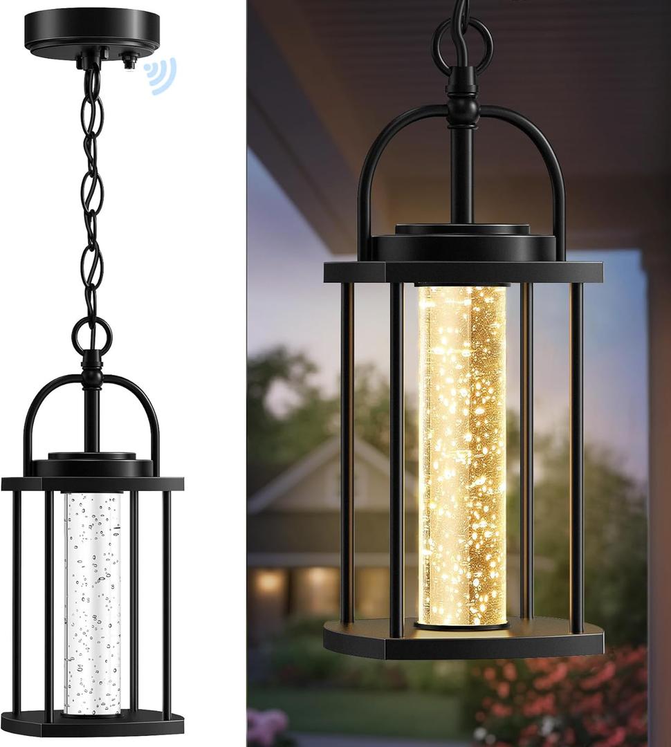 Outdoor Pendant Light, 14'' LED Dusk to Dawn Outdoor Chandelier, Black Aluminum Outside Exterior Hanging Light Fixture Ceiling Mount with Crystal Bubble Glass for Porch Patio Entryway, 1 Pack