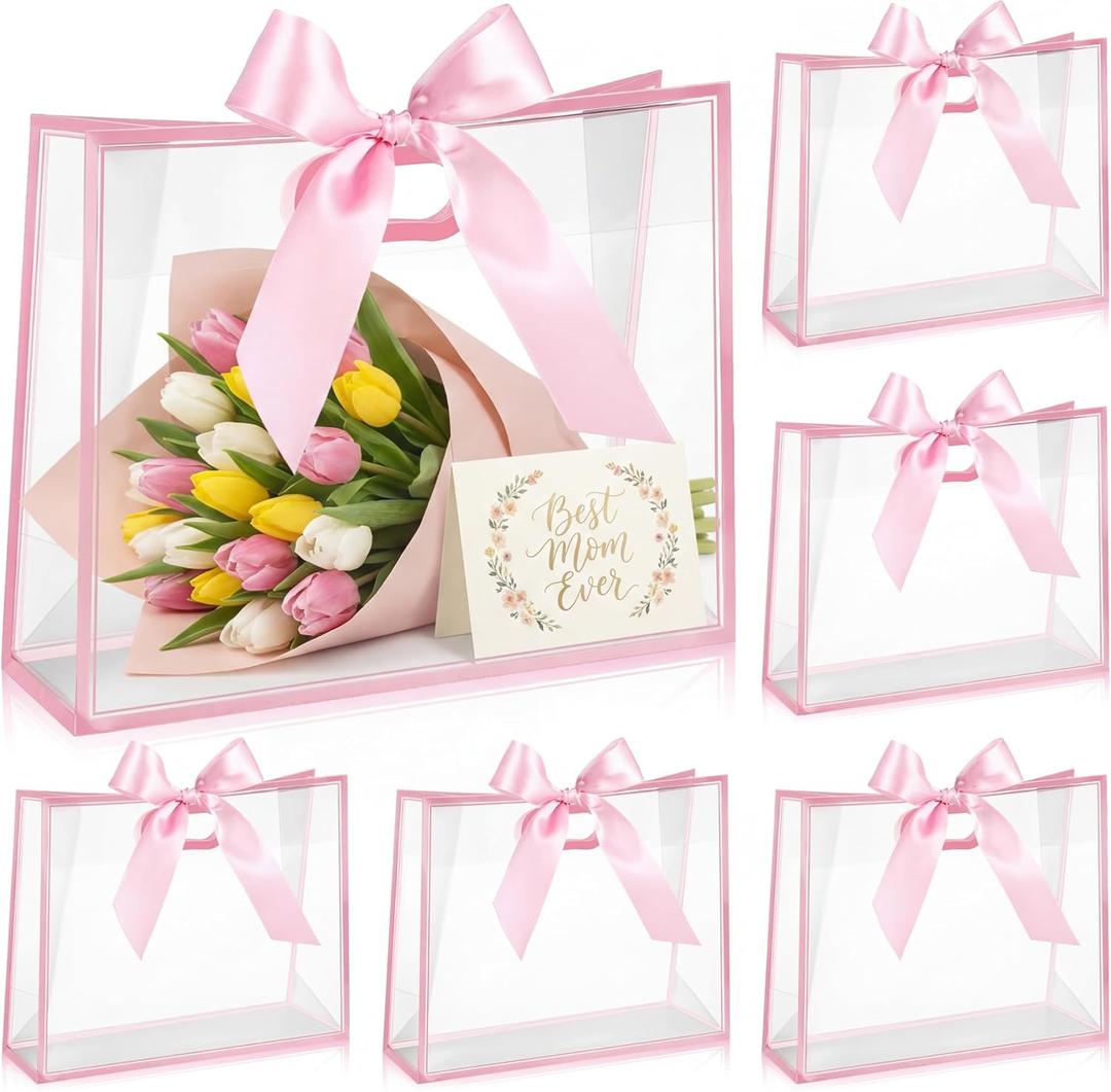 Aliceset 12 Pcs Clear Plastic Gift Bags with Die Cut Handles Reusable Party Favor Bags with Ribbon for Mother's Day Wedding Graduation Bridal Shower Baby Shower, 12 x 10 x 5''(Pink)