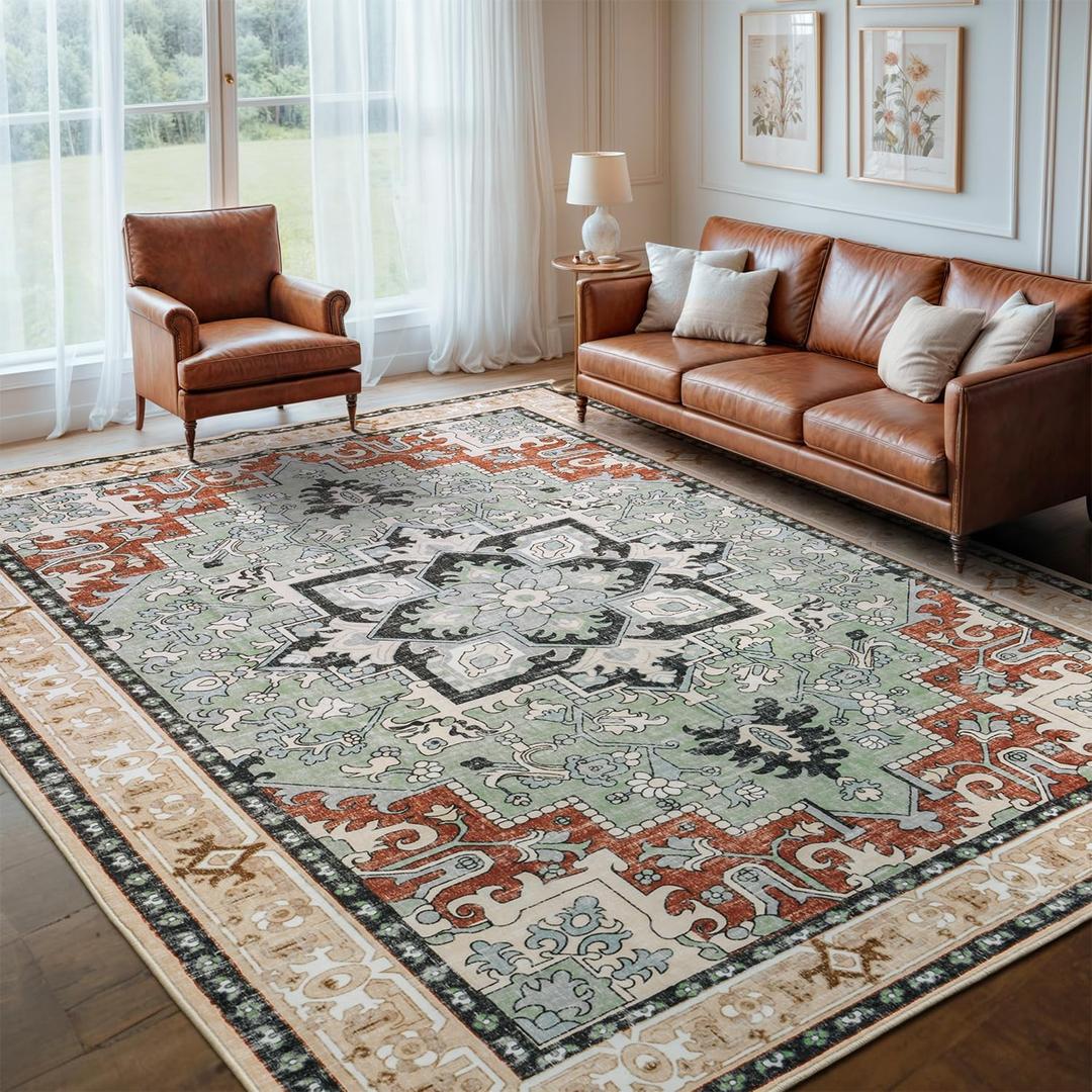 8x10 Area Rugs, Large Area Rug for Living Room, Floral Washable Area Rug for Bedroom, Office, Dining Room, Non-Slip Vintage Boho Rug, Low-Pile Soft Carpet, Traditional Oriental Style, Beige Orange
