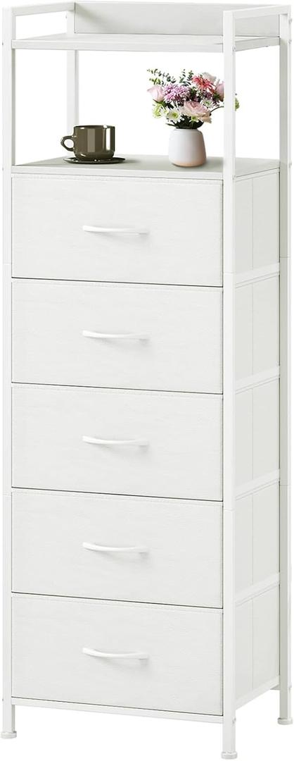 Somdot Tall Dresser for Bedroom, 5 Drawers Nightstand Vertical Storage Tower Unit, Night Stand Furniture with Fabric Drawer Organizer in Bedside Hallway, Entryway, Kids Room, Closet, White Leather