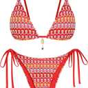 Zaful Crochet Bikini Sets for Women Cheeky Two Piece Bathing Suits Striped Brazilian High Cut Knit Swimsuit Tie for Vacation, L