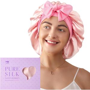 LitBear 100% Mulberry Silk Bonnet for Sleeping Women, 6A 22 Momme, Large Double-Layer Silk Hair Wrap with Tie Band (Pink)