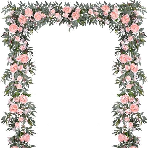 DearHouse 2Pack Artificial Peony Flower Garland - 6ft/Strand Silk Peony Flower Greenery Garland with Fake Willow Leaves for Wedding Ceremony Backdrop Party Table Centerpieces Decor (Pink)