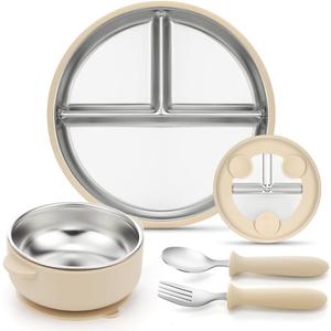 AIEVE Stainless Steel Kids Plates and Bowls with Suction,4 Pcs Kids Dinnerware Set Including Spoon,Fork,Divided Toddler Suction Plates and Suction Bowls