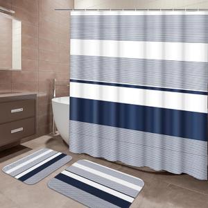 ArtSocket Navy Blue Striped Bathroom Set with Shower Curtain and Bath Rugs and Accessories,Boho Modern Non-Slip Shower Curtain Set,Bathroom Decor 3 Pcs