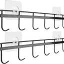 YiZhi Adhesive Wall Hooks Rack Kitchen Rail, Space Saving Utensil Holder No Drilling Wall Mounted Accessory Hanger with 6 Hooks for Kitchen Bathroom Bedroom Pack Of 2 (Black)