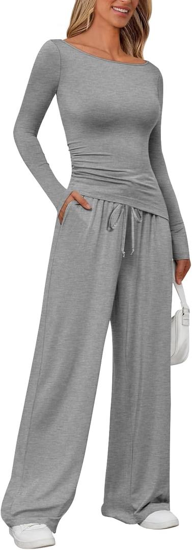 LILLUSORY Womens Boat Neck Long Sleeve Side Ruching Asymmetric Hem Top Wide Leg Pants 2 Piece Casual Lounge Set with Pockets (Medium, Grey)