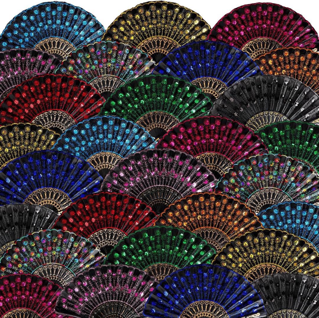Geetery 30 Pcs Folding Hand Fan for Line Dancing Spanish Boots on The Ground Fans Gifts Bulk Colorful Silk Popping Rave for Women Tea Party Wedding Church Halloween Costume(Embroidery,Vintage Colors)