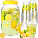 Umigy 1 Gallon Lemon Plastic Drink Dispenser with 100 Pcs 16 oz Disposable Plastic Cups with Lids and Straws Beverage Water Dispenser with Spigot for Party Juice Ice Tea Beer(Lemon,Yellow)