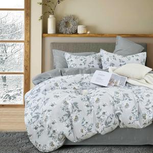LEMIROE Floral Cotton Comforter Queen Size - Light Grey Comforter Printed with Vintage Ivory Flowers & Dark Yellow Stamens, Reversible Lightweight Bedding Sets 3Pcs(90"×90")